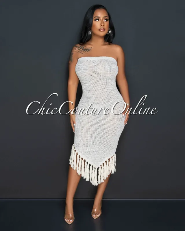 Yenis Nude Crochet Tassels Hem Midi Dress sold by Chic Couture