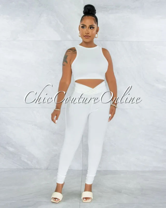 Lavesh Off-White Crop Top & Leggings Ribbed Set sold by chic