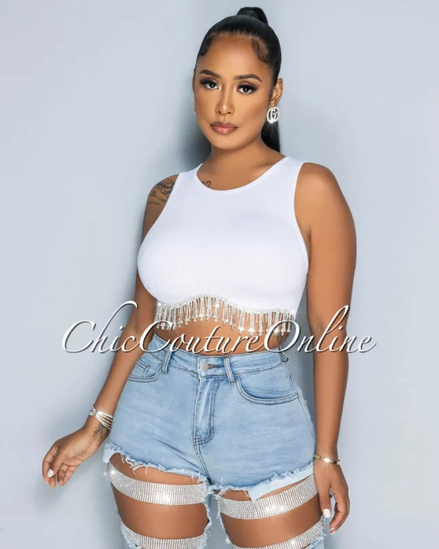 Margie White Rhinestones Fringe Ribbed Top sold by Chic Couture