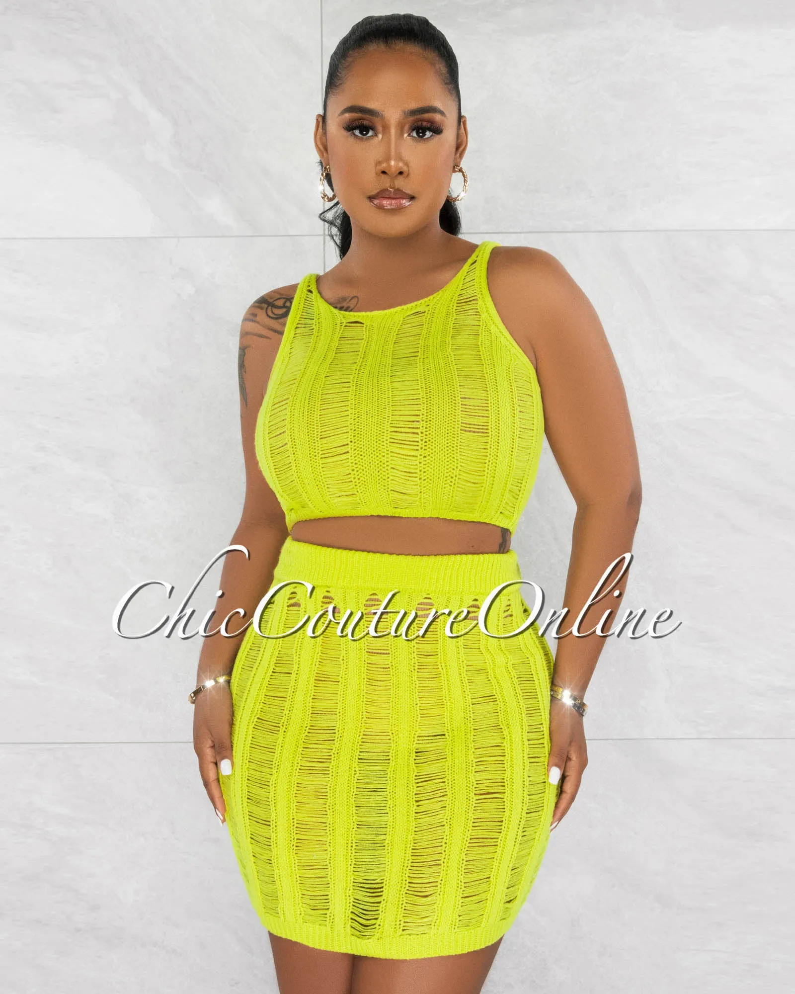 *Mexie Lime Crochet Crop Top & Skirt Cover-Up Set sold by Chic Couture