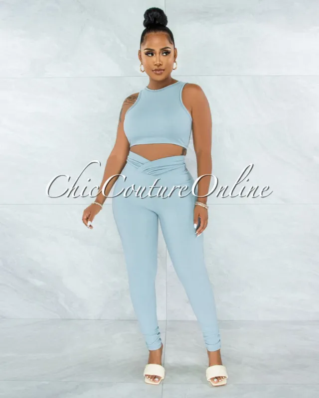 Lavesh Light Blue Crop Top & Leggings Ribbed Set sold by chic