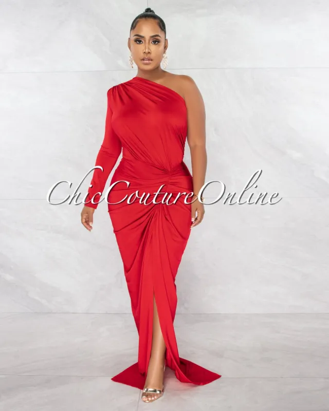 Kimber Red Single Shoulder Draped Maxi Dress sold by chic