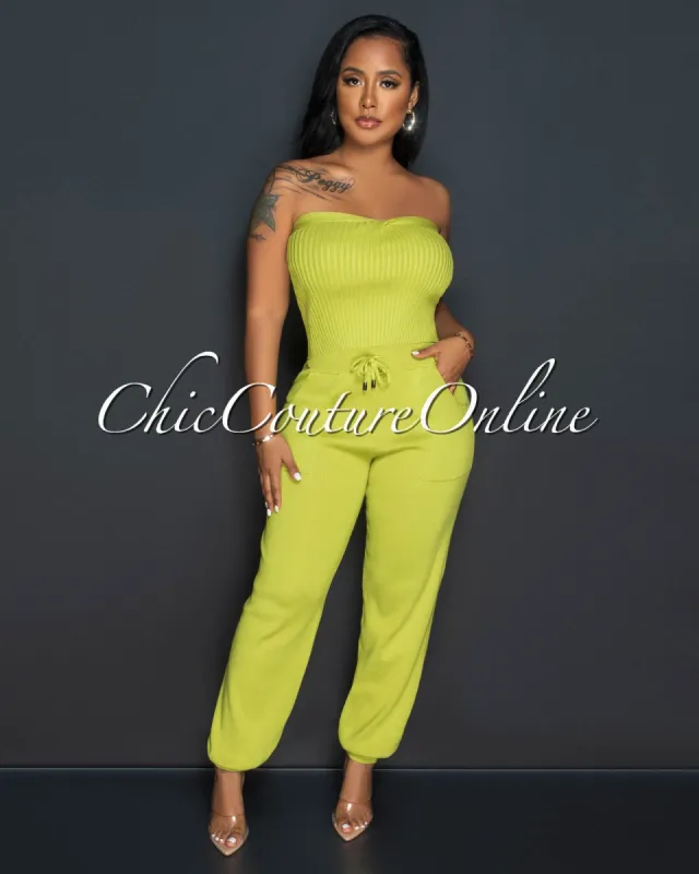 Odeth Lime Strapless Crop Top & Knit Joggers Set sold by Chic Couture