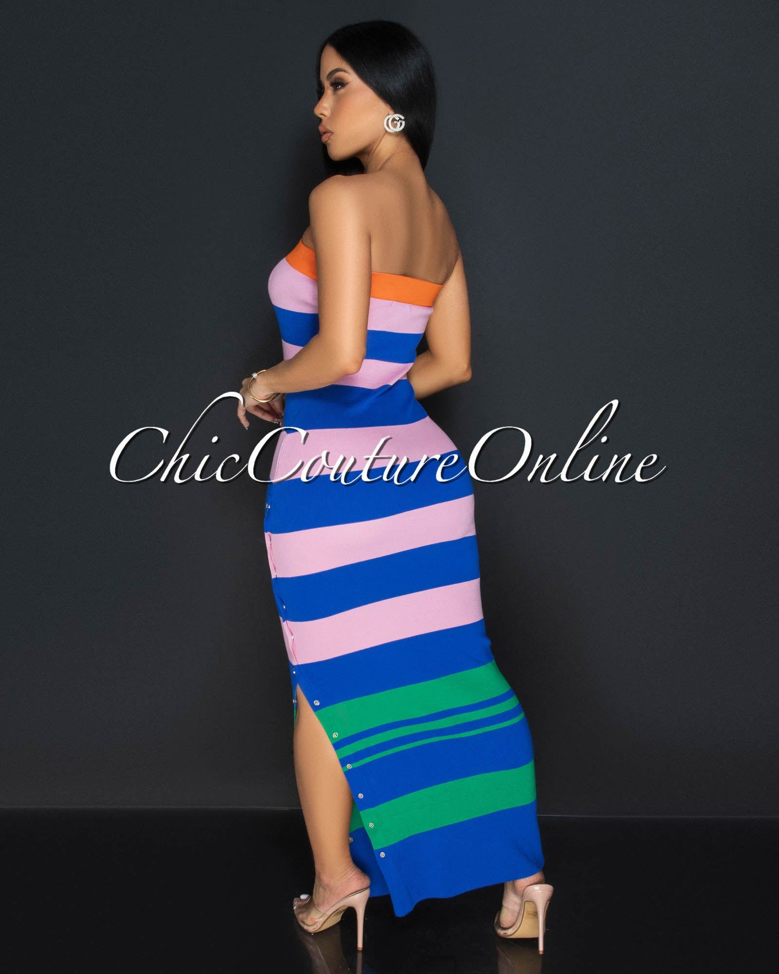 Aziza Pink Blue Striped Tube Maxi Dress sold by Chic Couture product image thumbnail 4