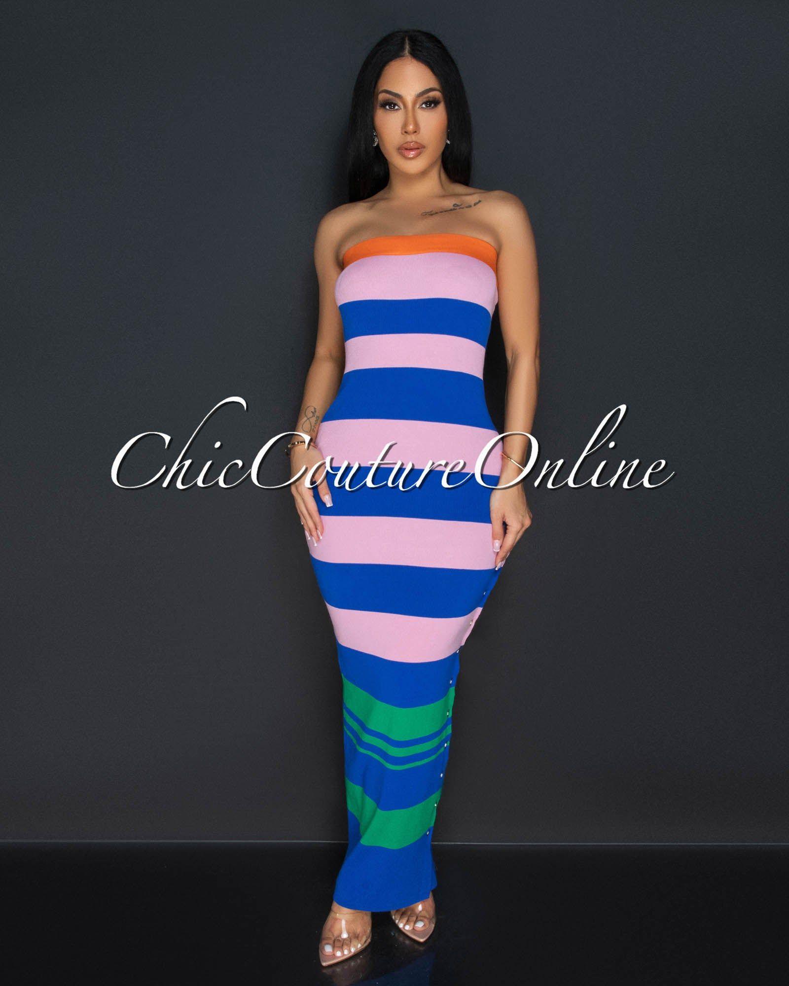 Aziza Pink Blue Striped Tube Maxi Dress sold by Chic Couture product image thumbnail 2