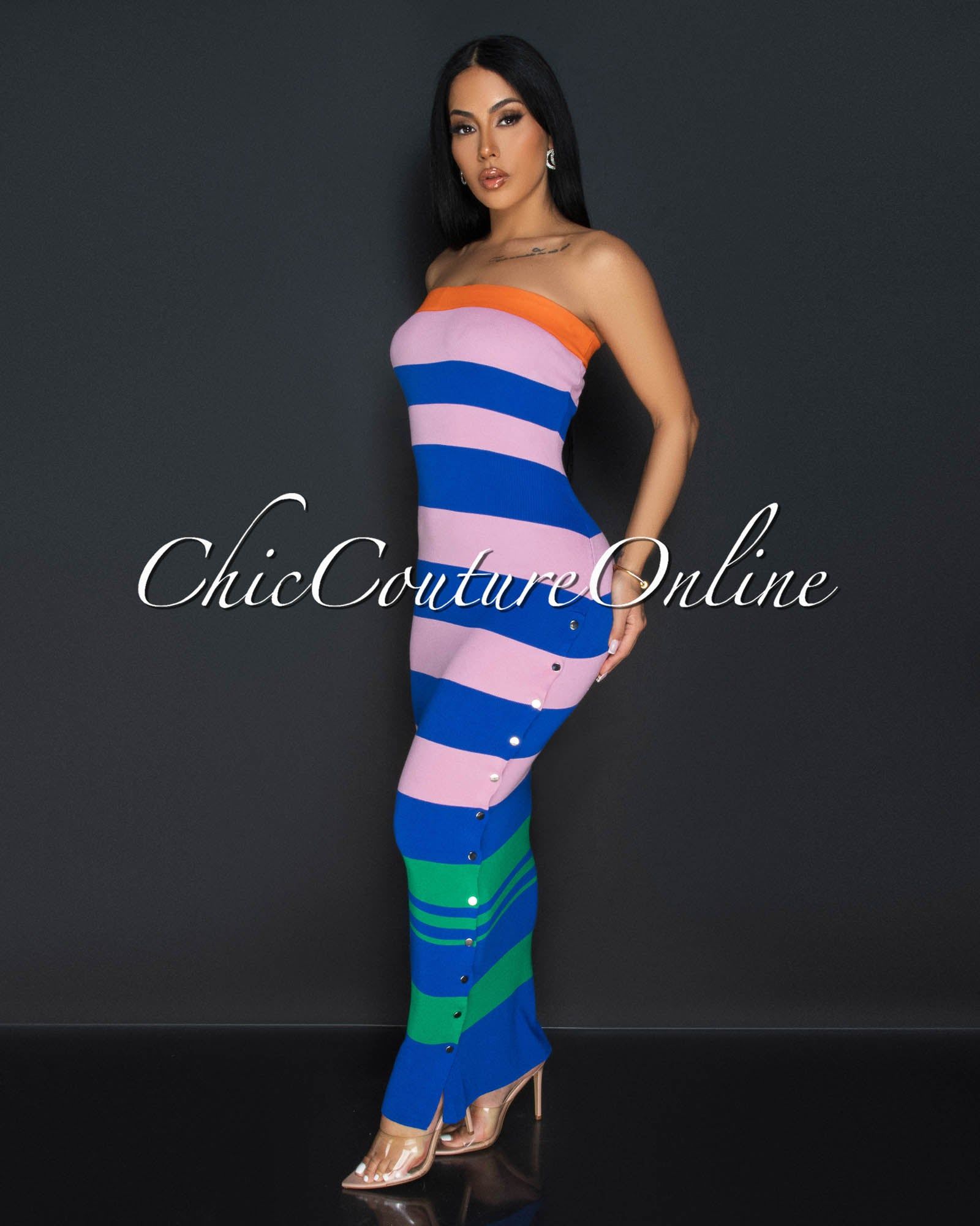 Aziza Pink Blue Striped Tube Maxi Dress sold by Chic Couture product image thumbnail 3