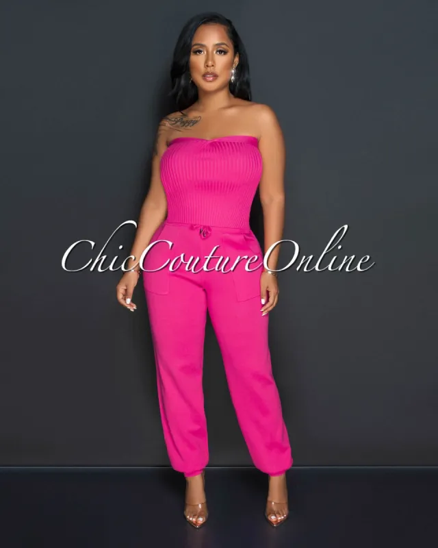 Odeth Fuchsia Strapless Crop Top & Knit Joggers Set sold by Chic Couture