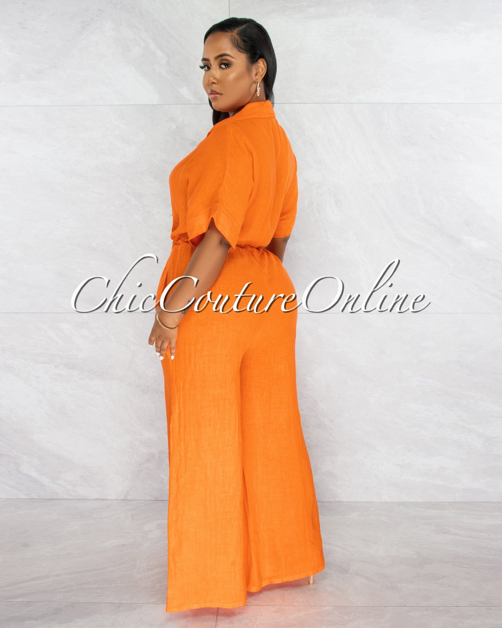 *Vivian Orange Collared Neck Wide Legs LINEN Jumpsuit sold by Chic Couture product image thumbnail 3