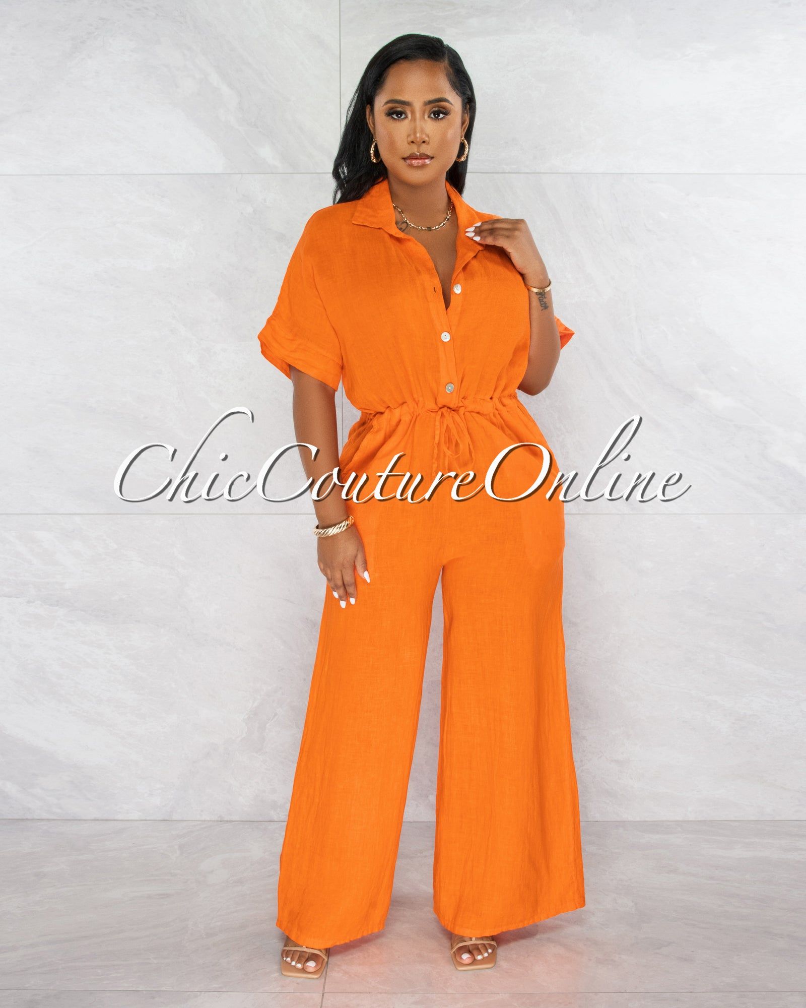 *Vivian Orange Collared Neck Wide Legs LINEN Jumpsuit sold by Chic Couture product image thumbnail 2