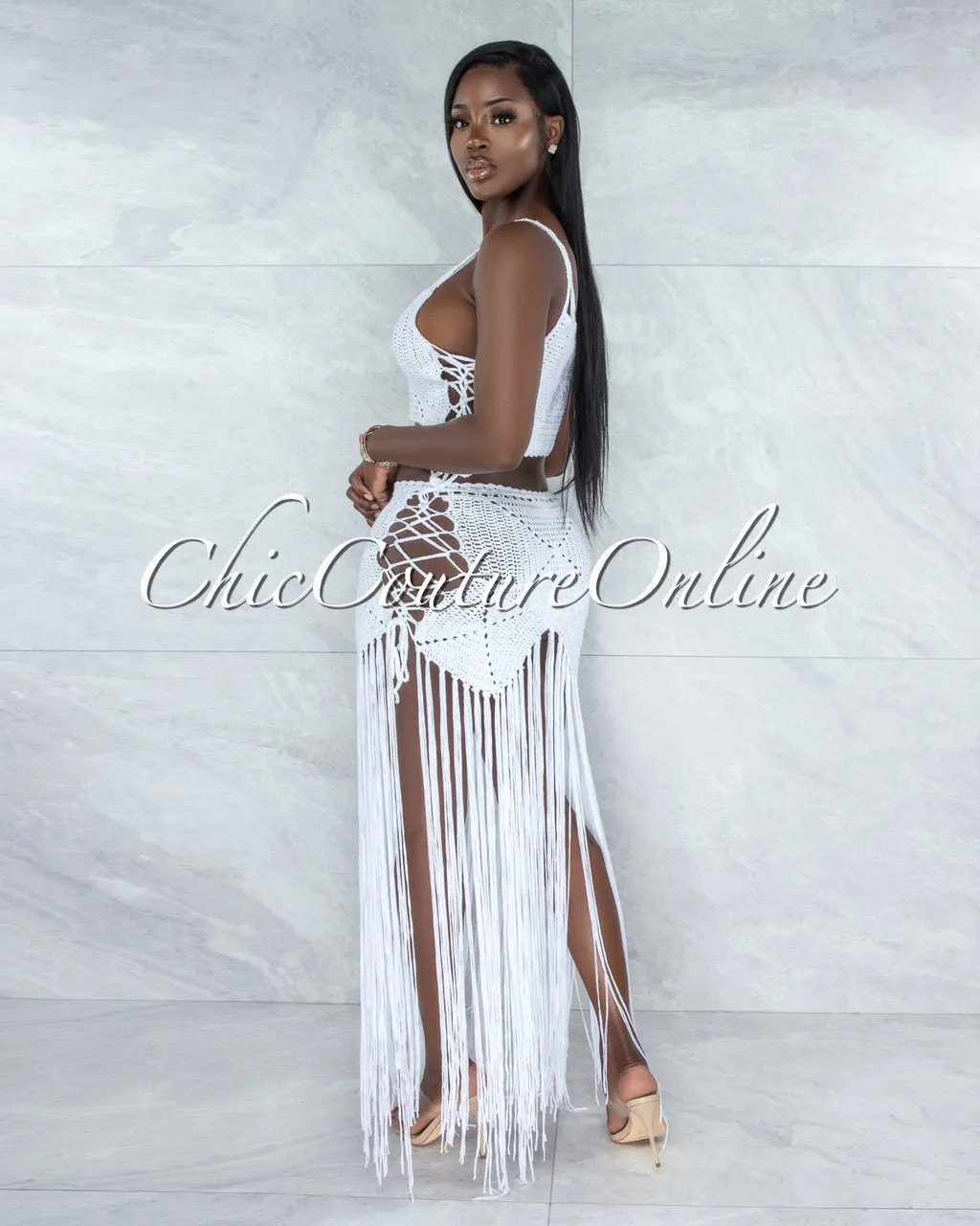 Benji Off-White Crochet Cover-Up Lace-Up Fringe Set sold by Chic Couture product image thumbnail 3