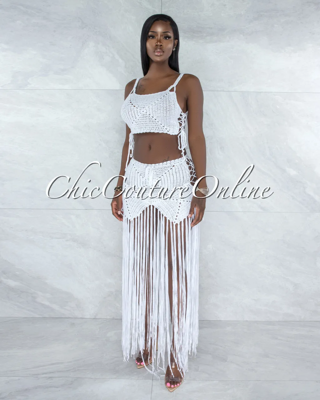 Benji Off-White Crochet Cover-Up Lace-Up Fringe Set sold by Chic Couture product image thumbnail 4