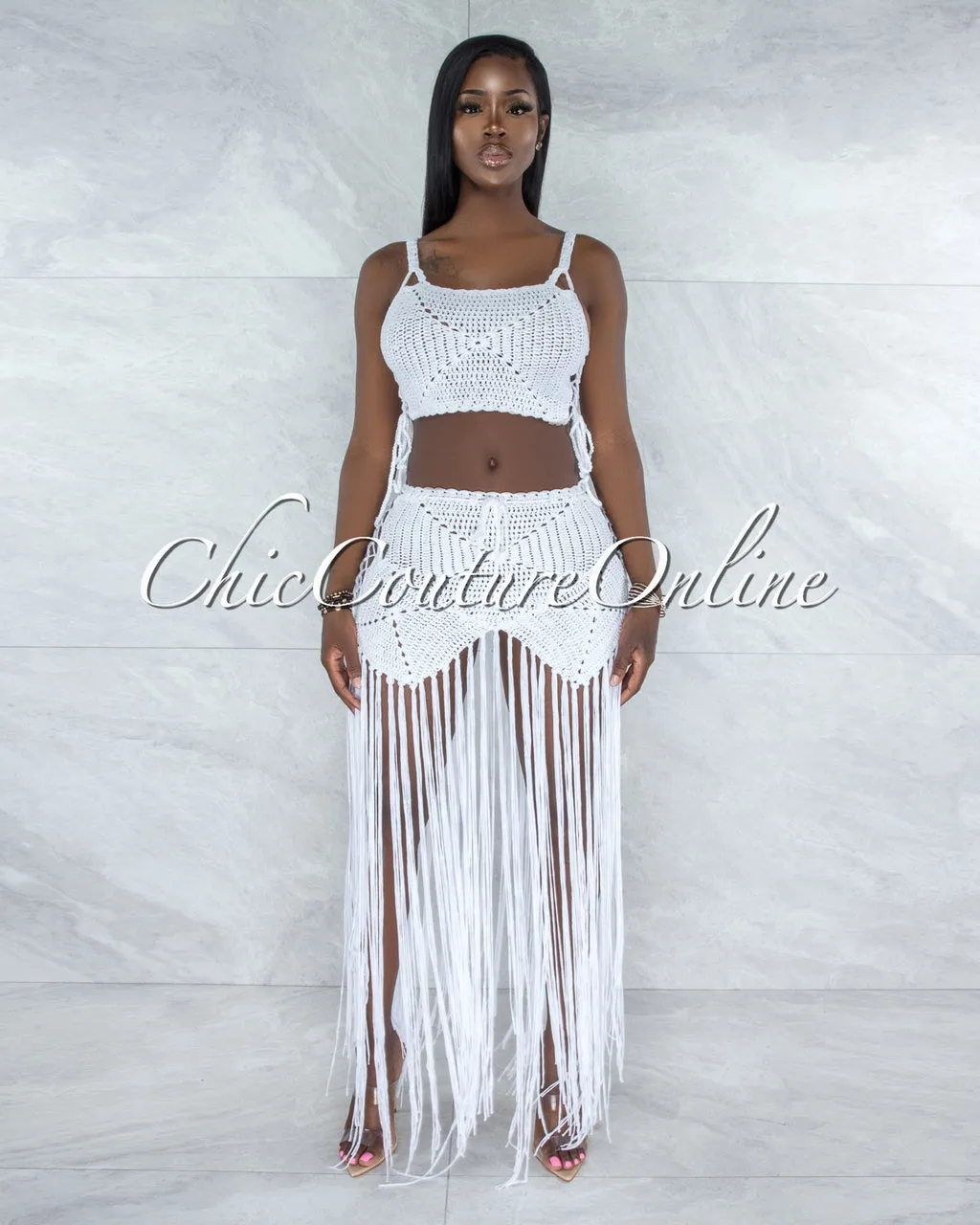 Benji Off-White Crochet Cover-Up Lace-Up Fringe Set sold by Chic Couture
