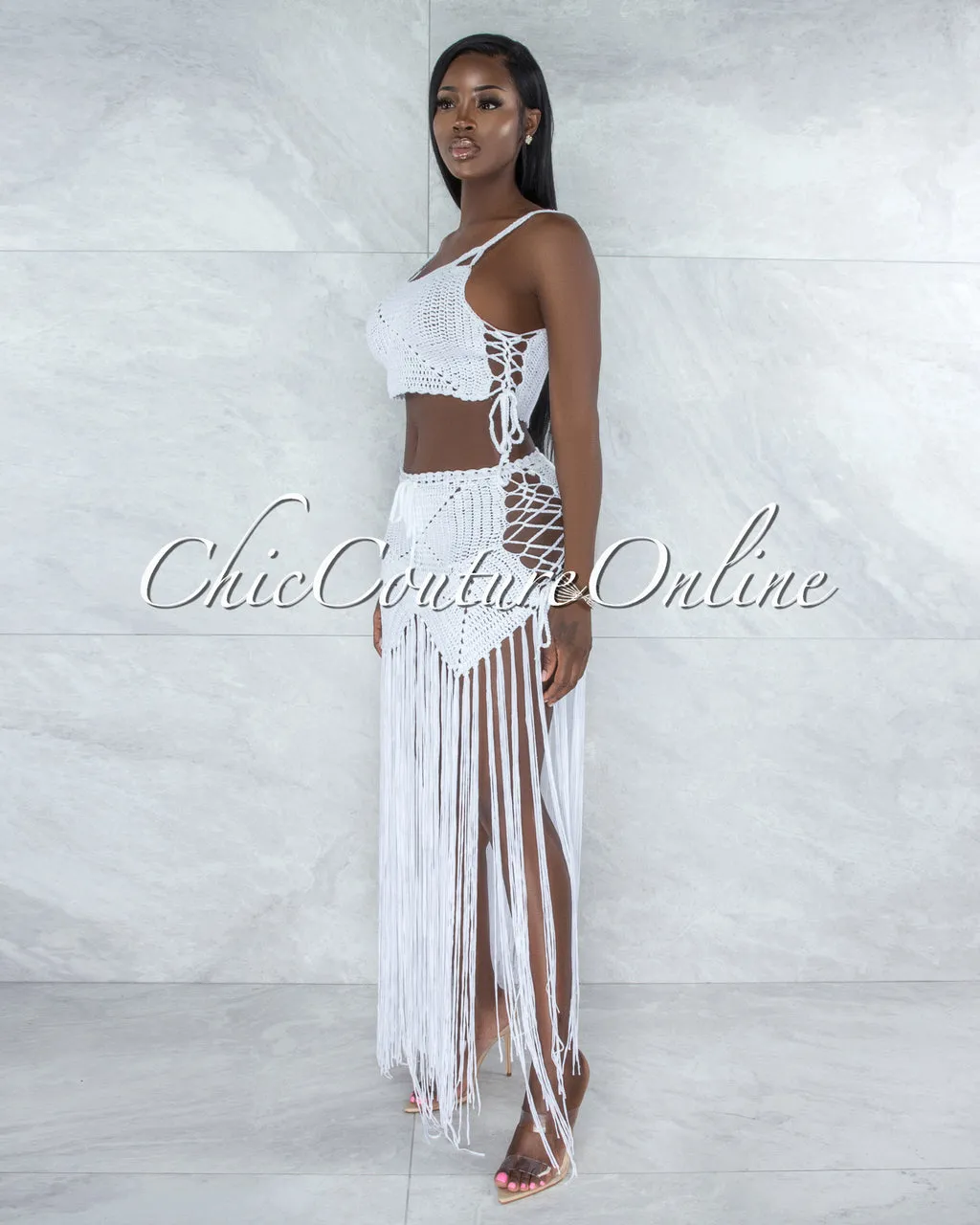 Benji Off-White Crochet Cover-Up Lace-Up Fringe Set sold by Chic Couture product image thumbnail 2