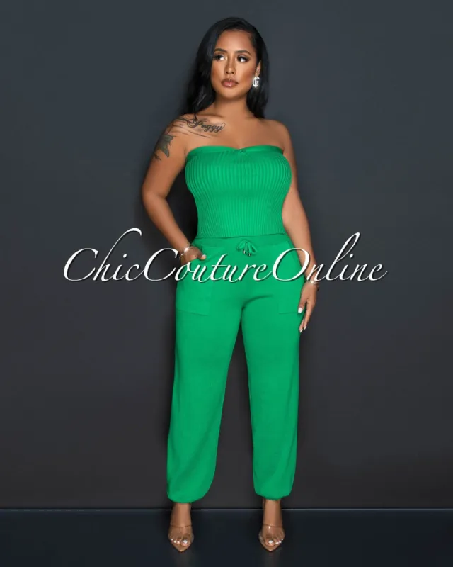 Odeth Green Strapless Crop Top & Knit Joggers Set sold by Chic Couture