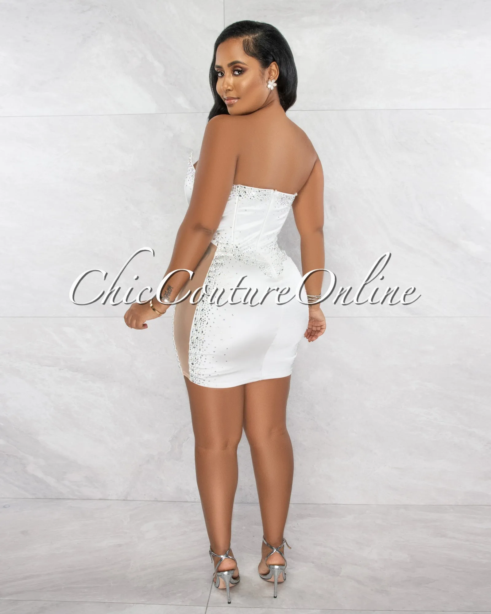 Emporio Off-White Rhinestones Silky Mesh Sheer Sides Mini Dress sold by Chic Couture product image thumbnail 4