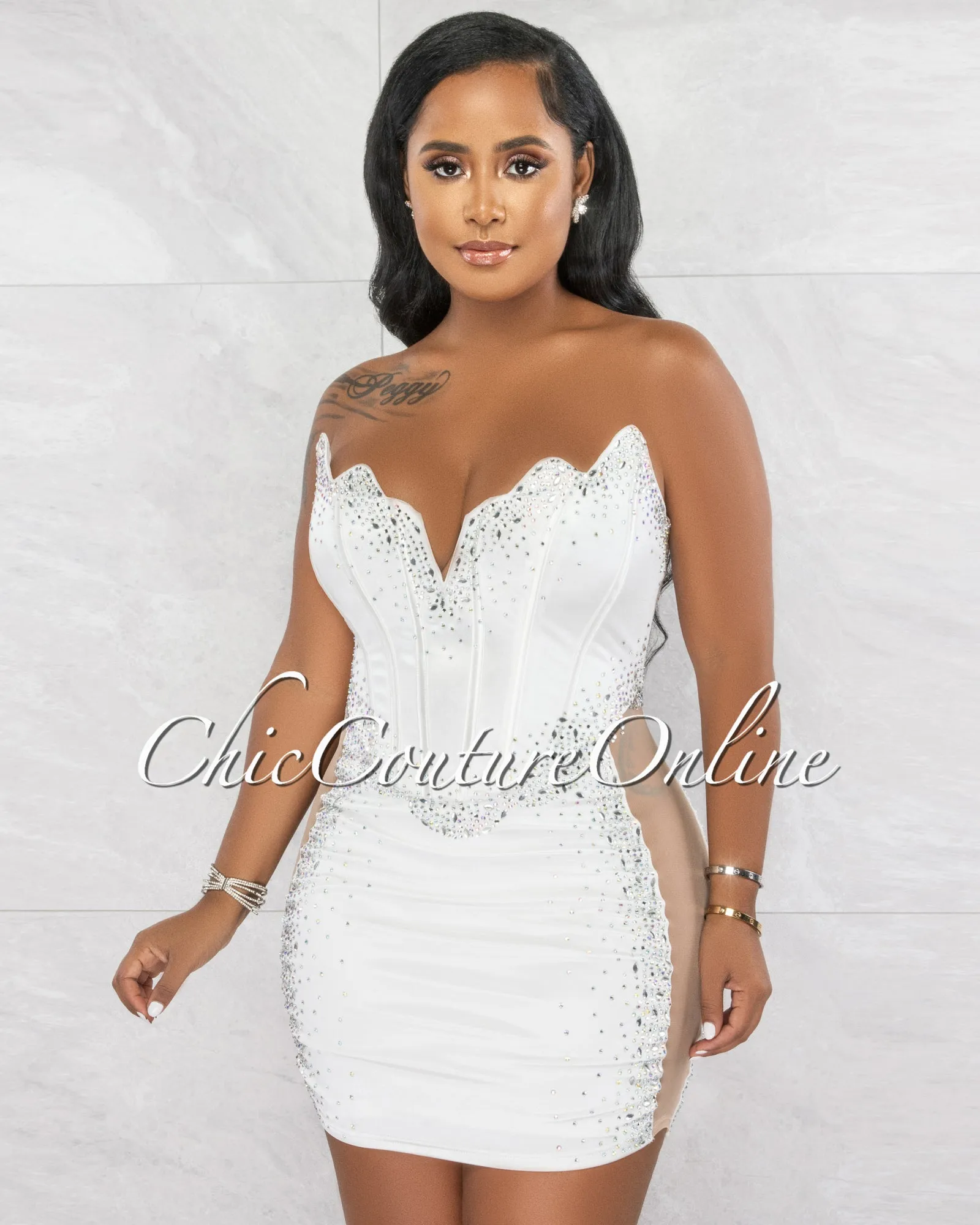 Emporio Off-White Rhinestones Silky Mesh Sheer Sides Mini Dress sold by Chic Couture