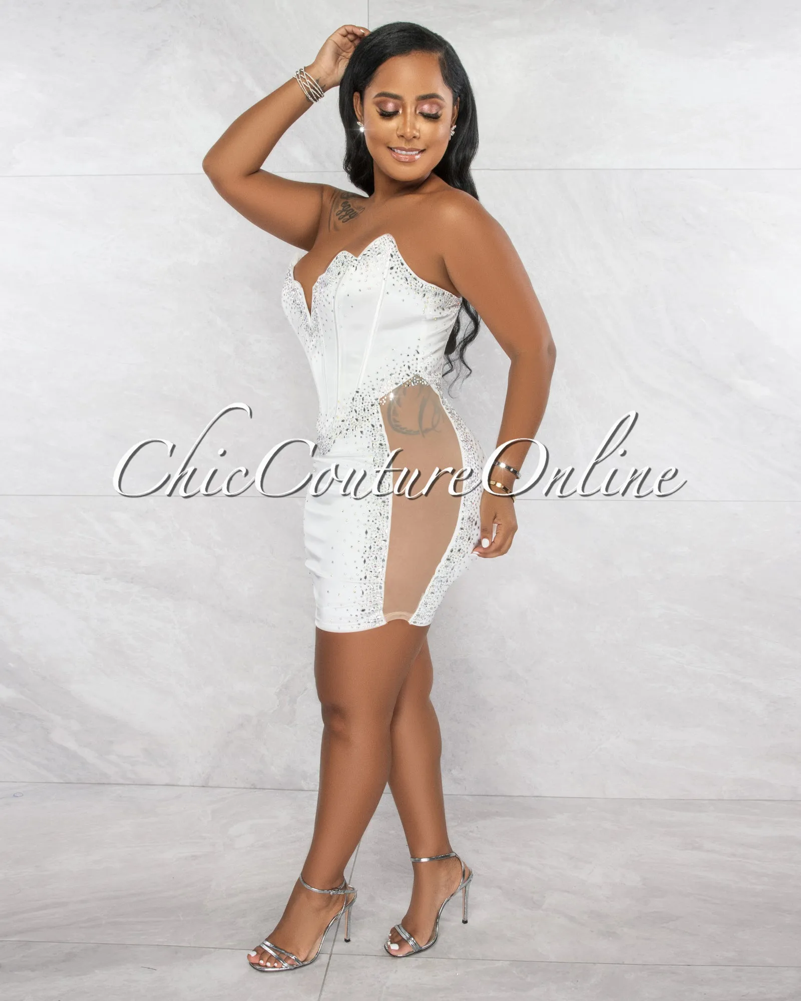 Emporio Off-White Rhinestones Silky Mesh Sheer Sides Mini Dress sold by Chic Couture product image thumbnail 2