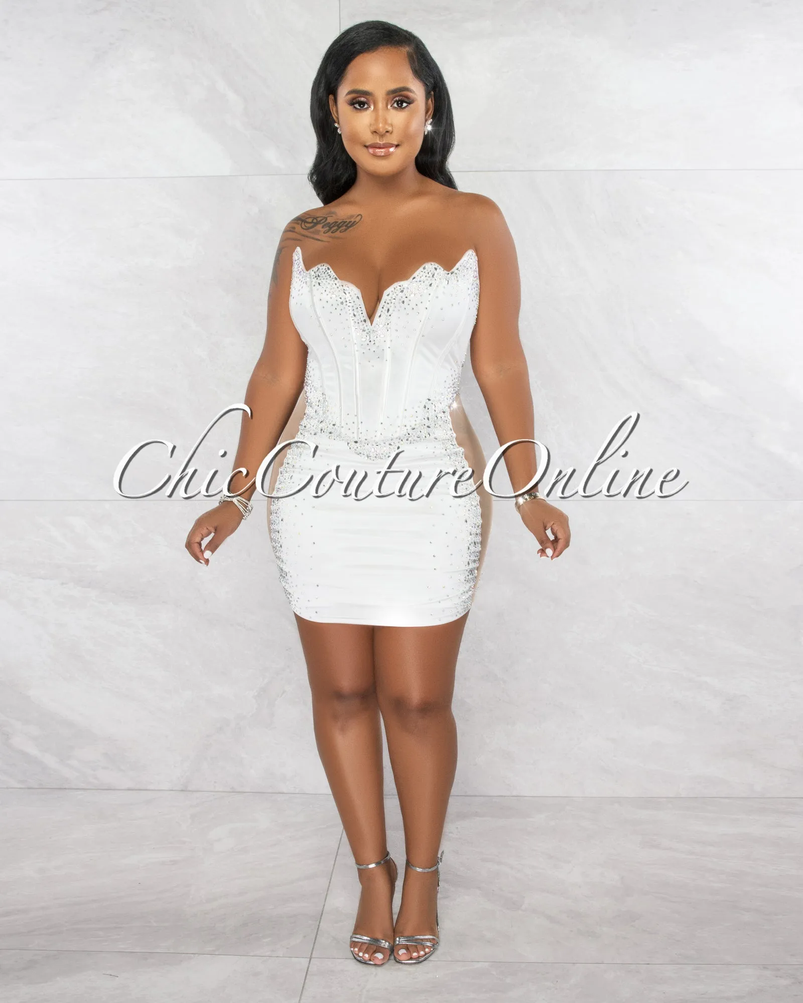 Emporio Off-White Rhinestones Silky Mesh Sheer Sides Mini Dress sold by Chic Couture product image thumbnail 3