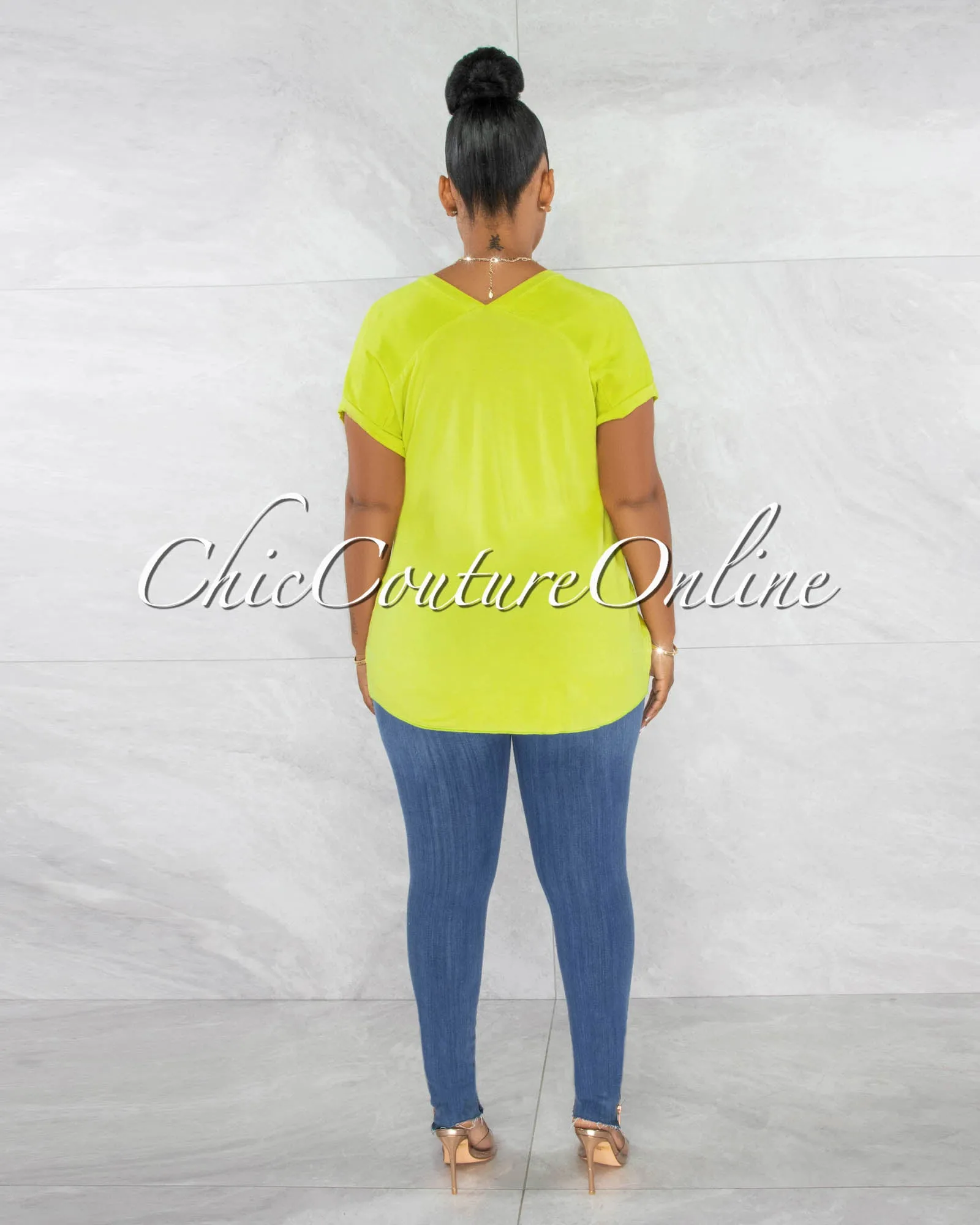 *Sanney Lime Green Silky V-Neckline Top sold by Chic Couture product image thumbnail 3