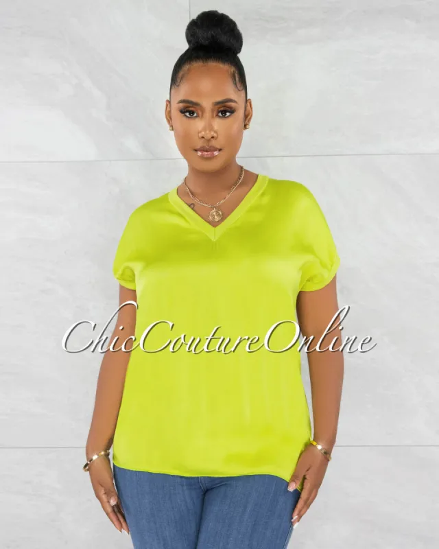 *Sanney Lime Green Silky V-Neckline Top sold by Chic Couture