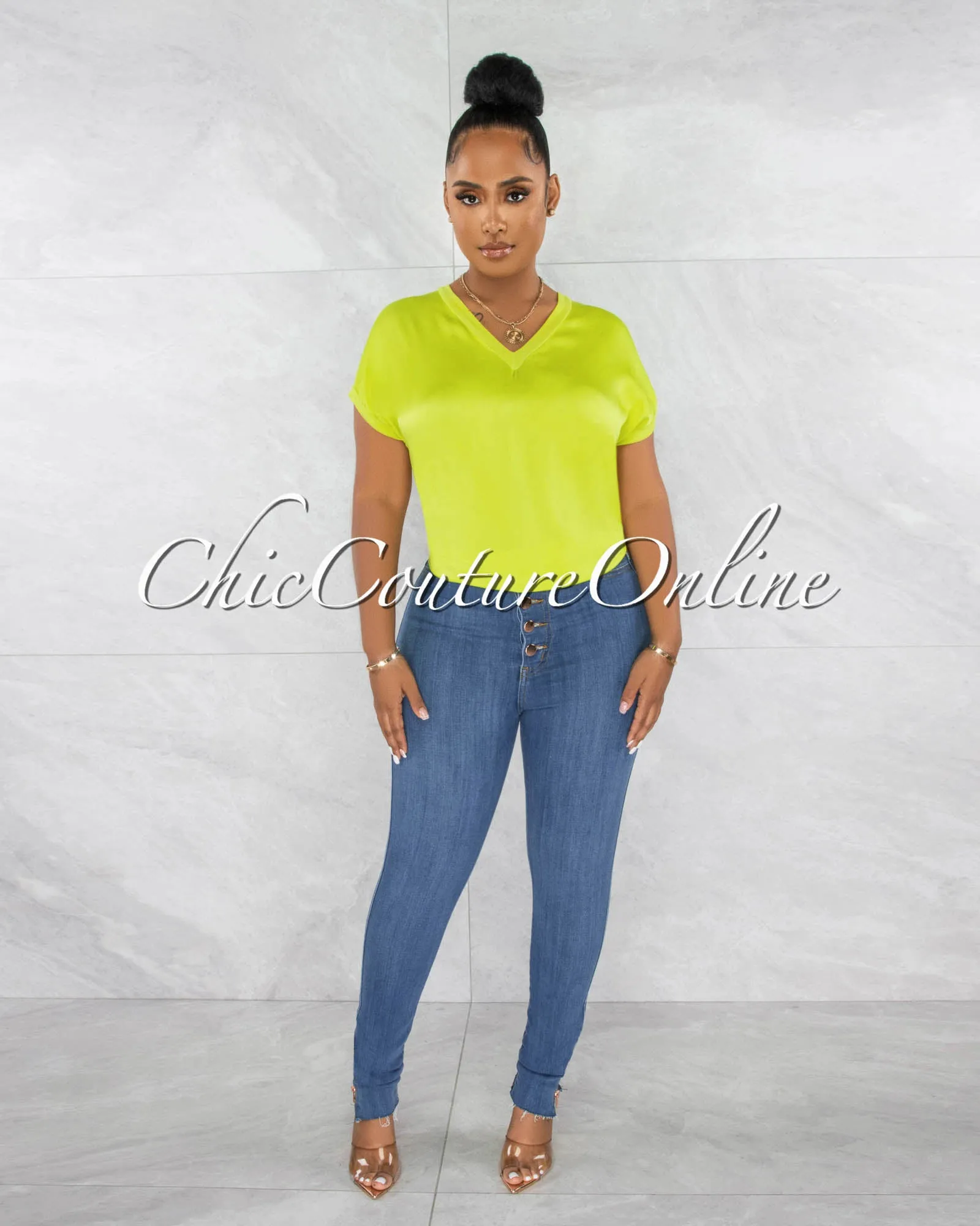 *Sanney Lime Green Silky V-Neckline Top sold by Chic Couture product image thumbnail 4