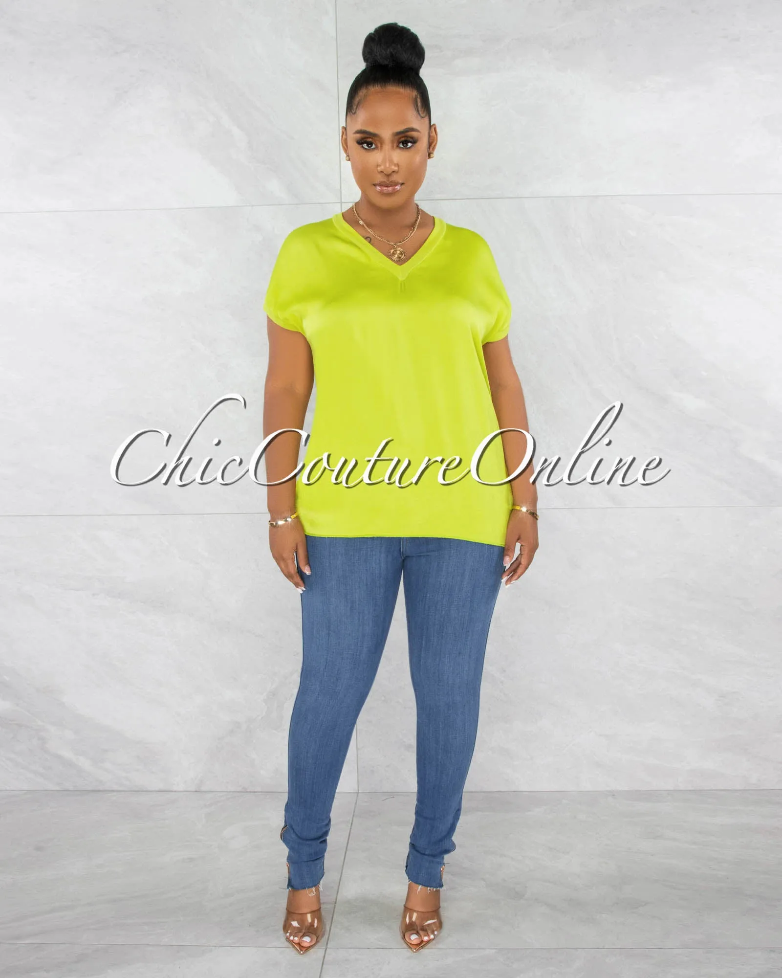 *Sanney Lime Green Silky V-Neckline Top sold by Chic Couture product image thumbnail 2
