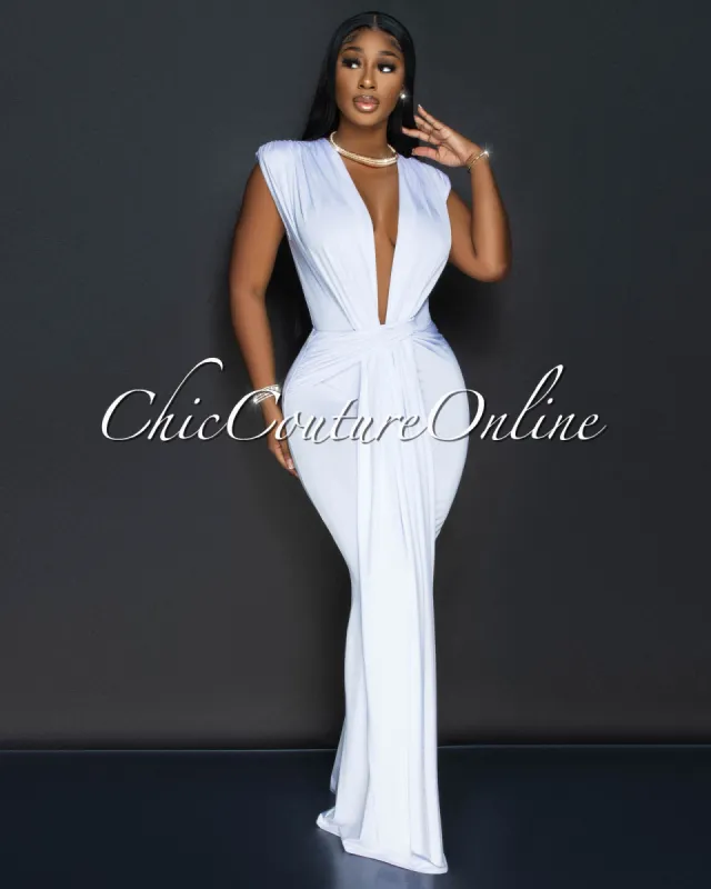 Alea White Sleeveless Deep V Neck Maxi Dress sold by Chic Couture