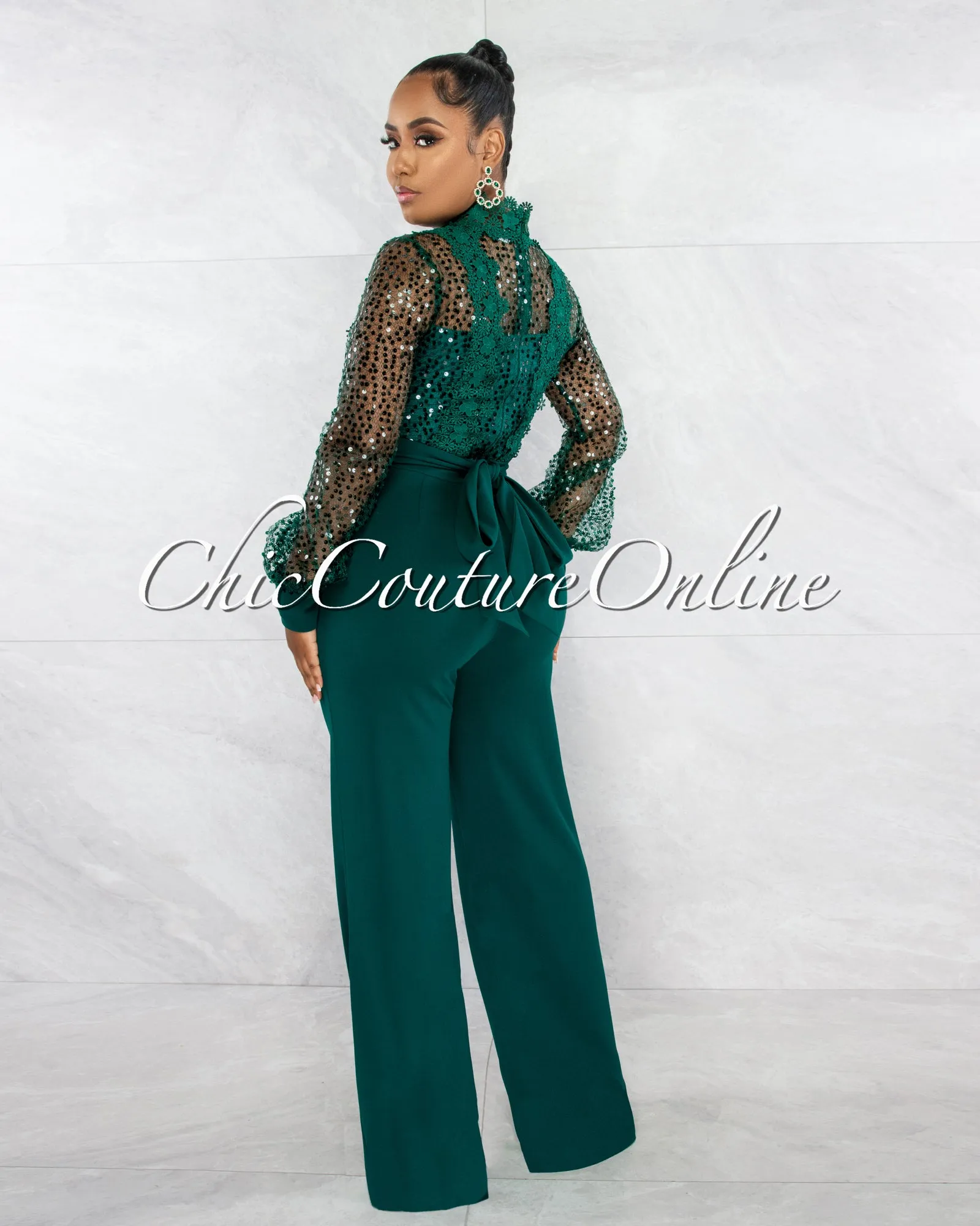 *Nigelia Hunter Green Net Sequins Crochet Top Jumpsuit sold by Chic Couture product image thumbnail 3