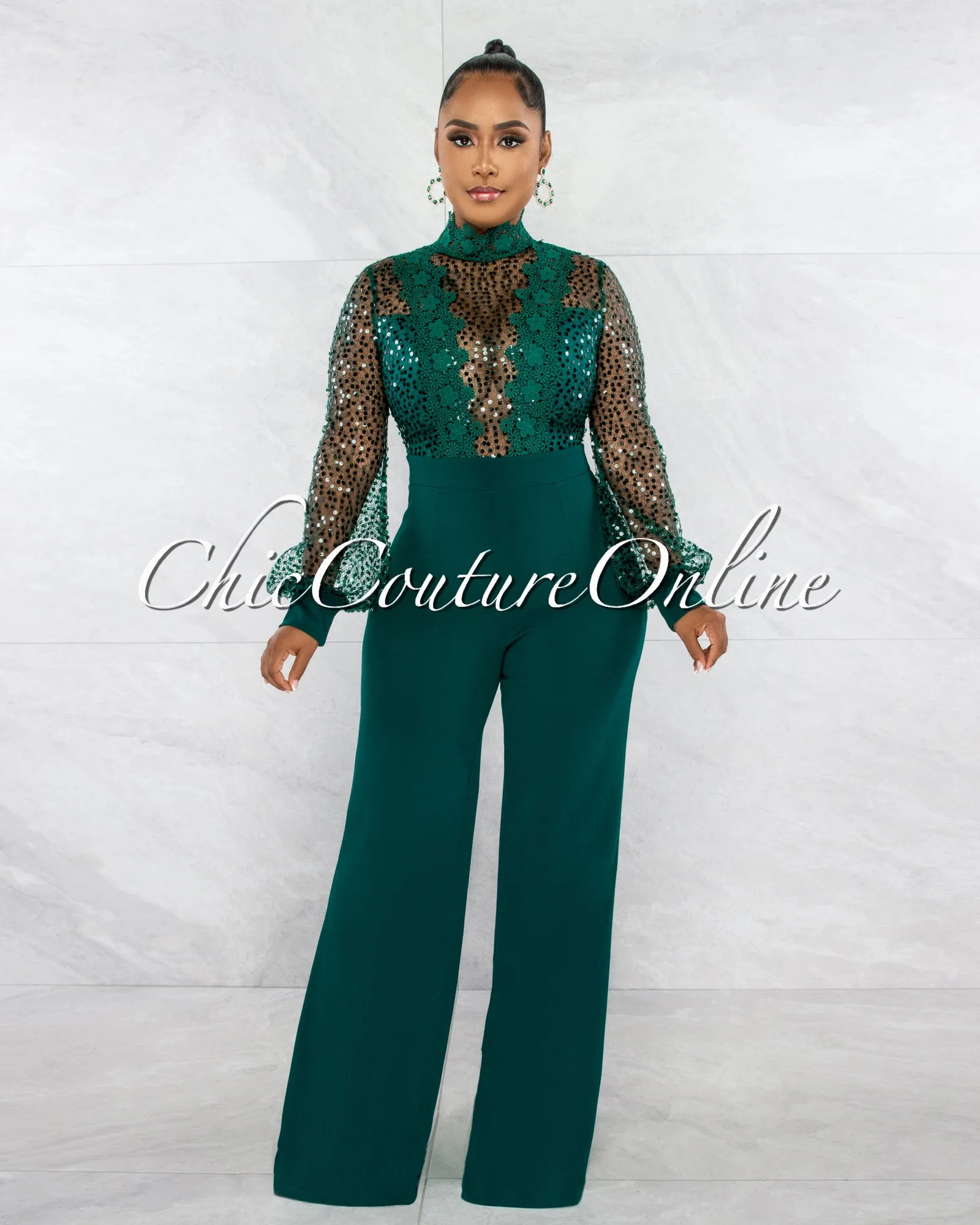 *Nigelia Hunter Green Net Sequins Crochet Top Jumpsuit sold by Chic Couture