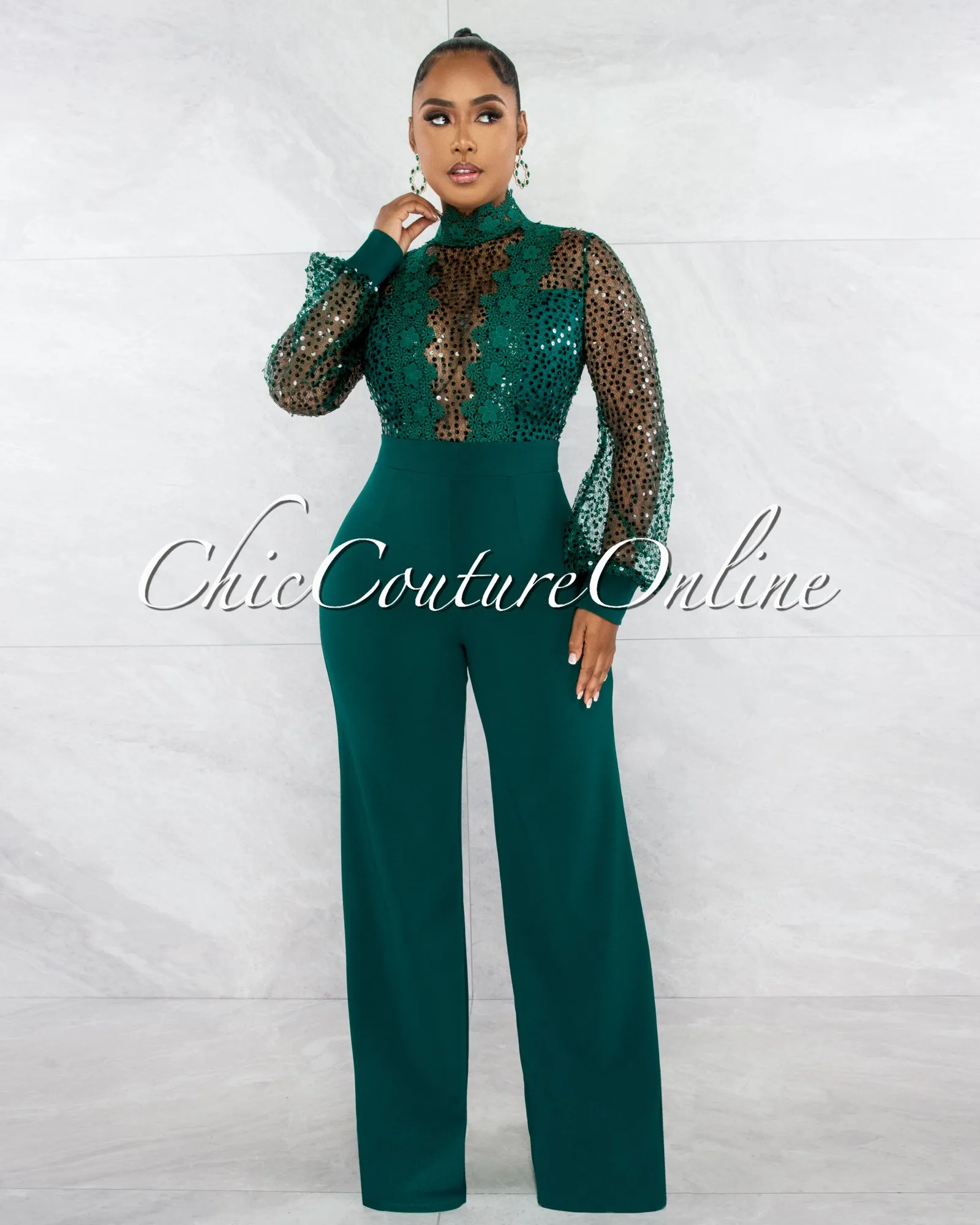 *Nigelia Hunter Green Net Sequins Crochet Top Jumpsuit sold by Chic Couture product image thumbnail 2