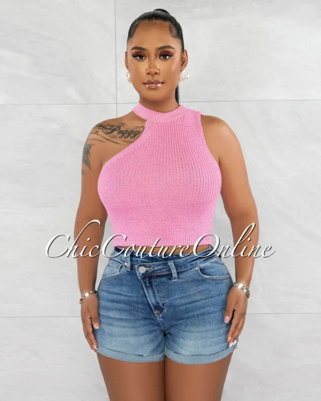 Harisa Pink Knit Asymmetrical Neckline Crop Top sold by Chic Couture