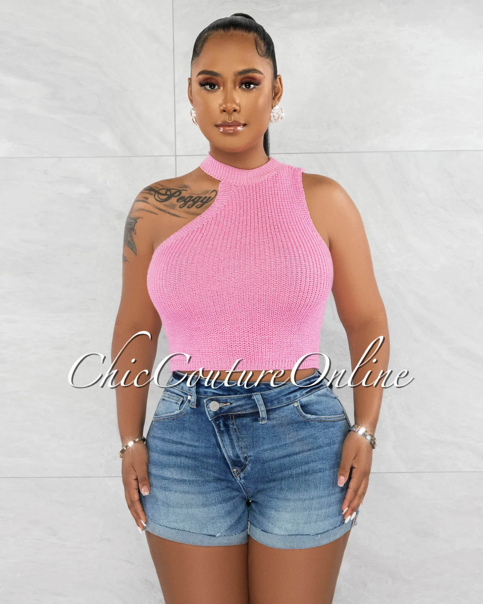 Harisa Pink Knit Asymmetrical Neckline Crop Top sold by Chic Couture