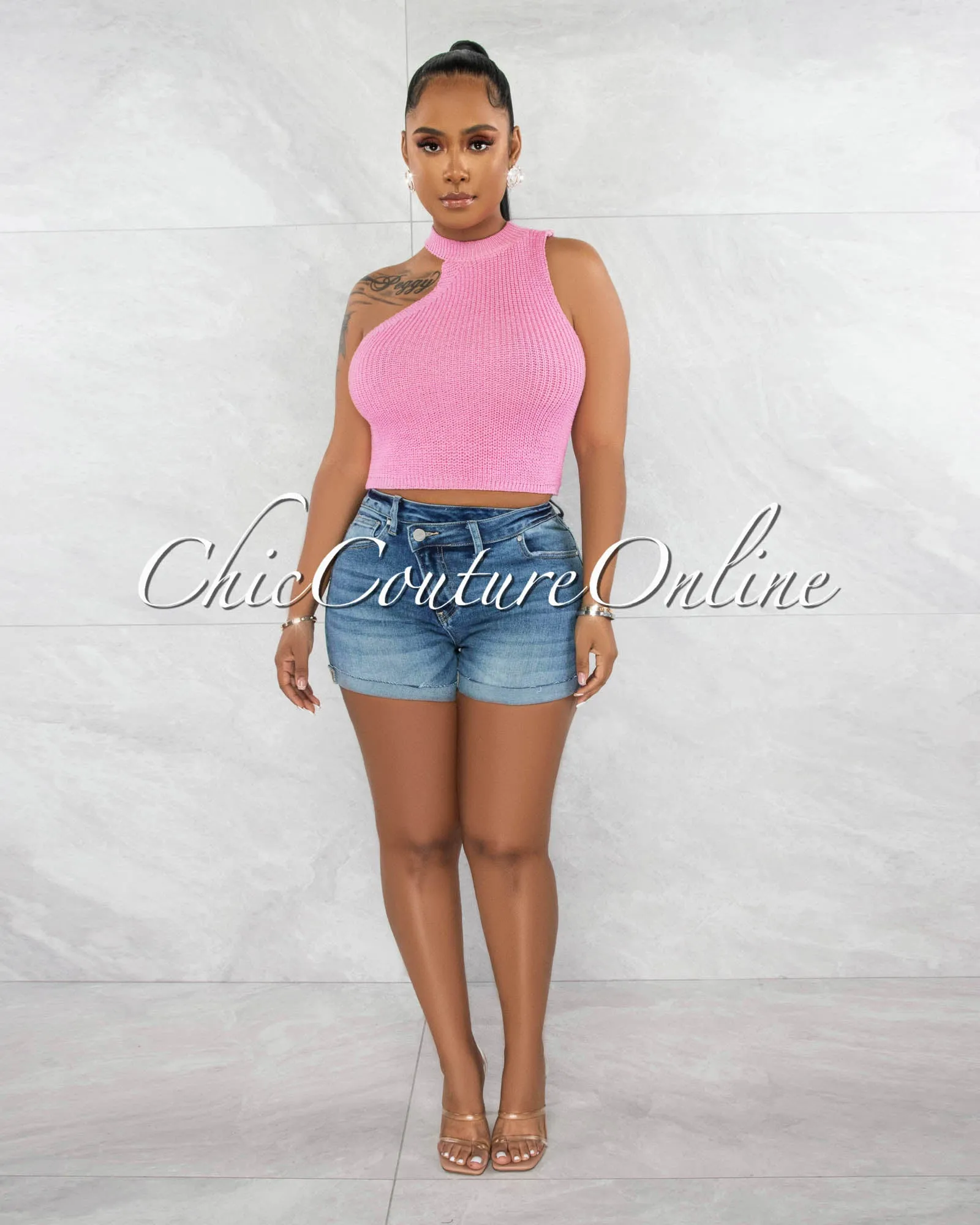 Harisa Pink Knit Asymmetrical Neckline Crop Top sold by Chic Couture product image thumbnail 2