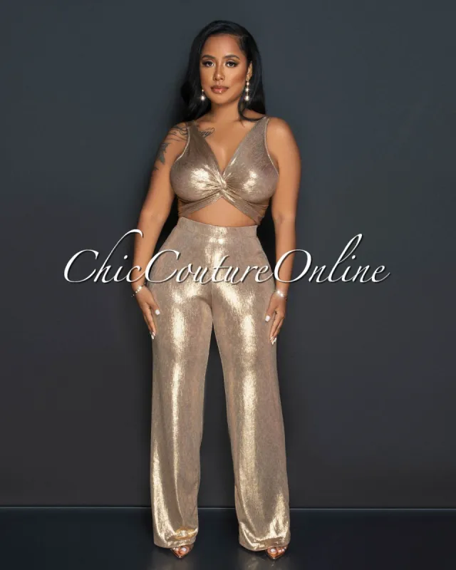 Elsie Gold Front Knot Crop Top & Wide Leg Pants Set sold by Chic Couture