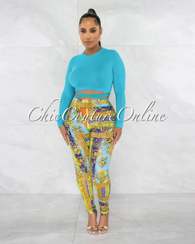 Kizzy Turquoise Crop Top & Multi-Color Print Leggings Set sold by Chic Couture