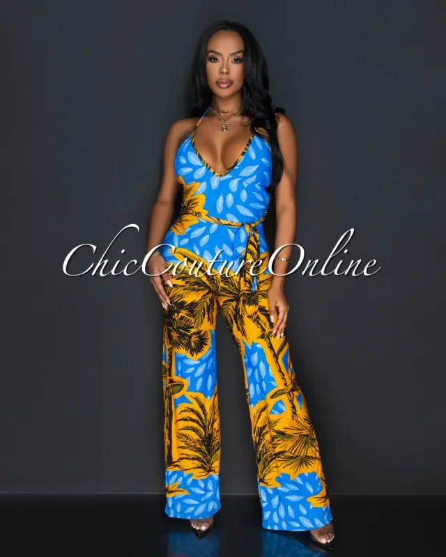 *Pharis Blue Mustard Print Halter Jumpsuit sold by Chic Couture