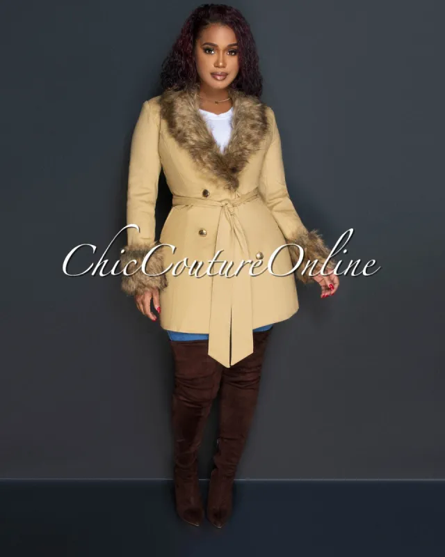 Alexia Nude Brown Gold Buttons Faux Fur Coat sold by Chic Couture
