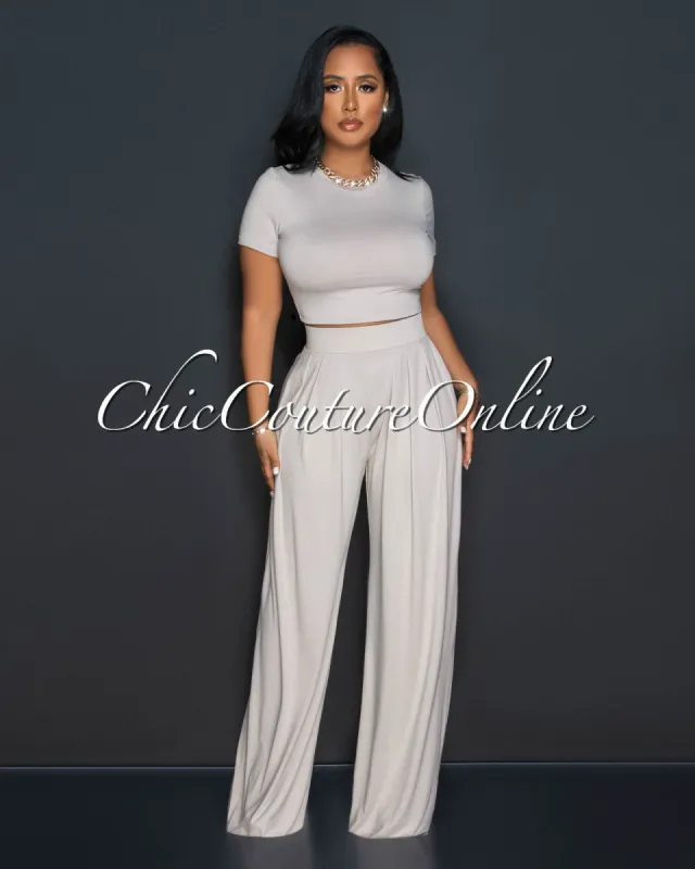 Rossy Taupe Crop Top & Wide Leg Pants Set sold by Chic Couture