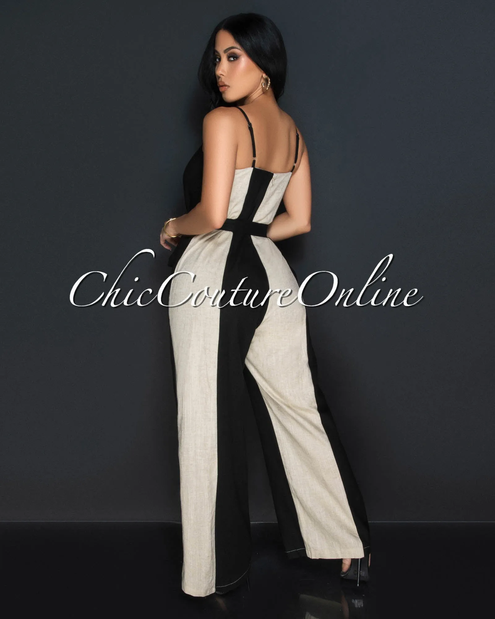 Kea Black Khaki Spaghetti Strap Widelegs Linen Jumpsuit sold by Chic Couture product image thumbnail 4