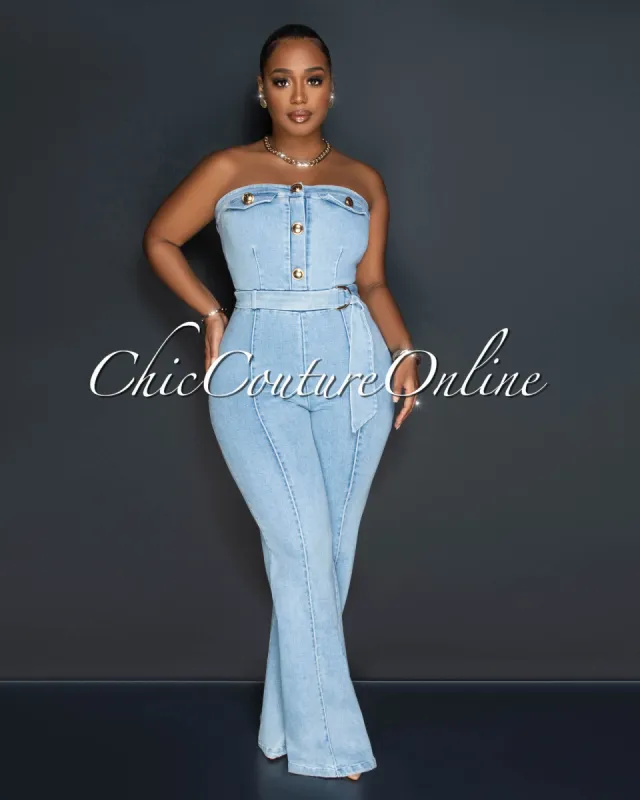 *Jenia Light Denim Gold Buttons Belted Strapless Jumpsuit sold by Chic Couture