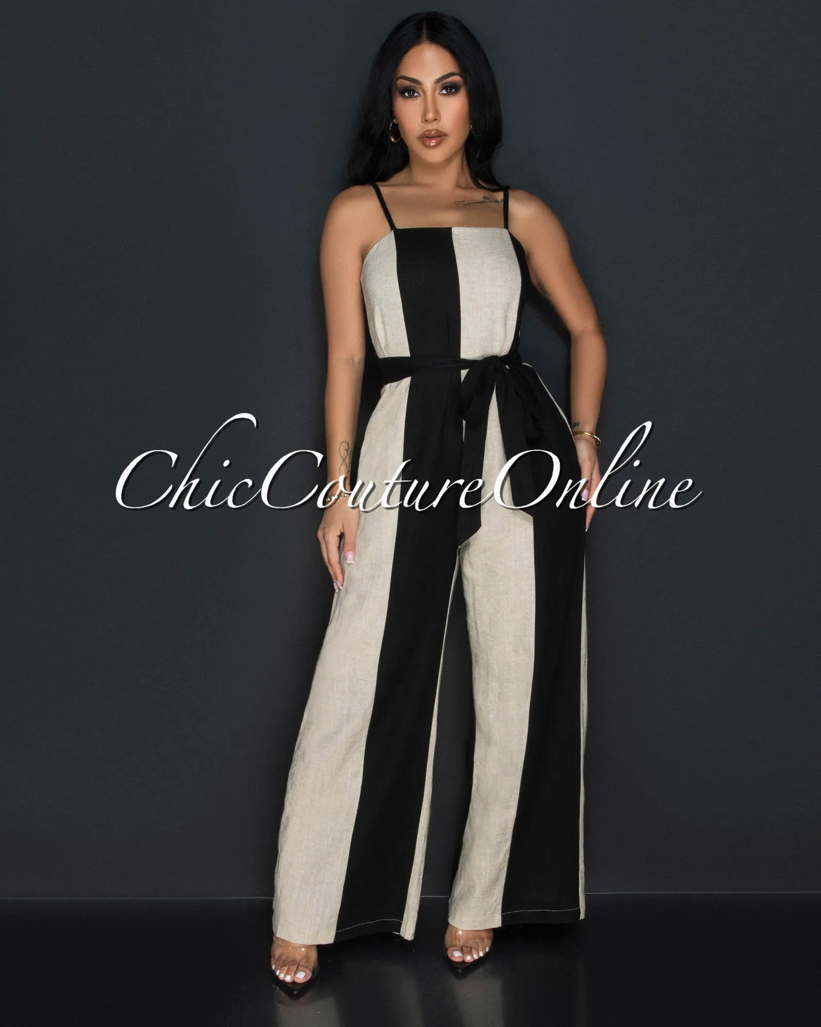 Kea Black Khaki Spaghetti Strap Widelegs Linen Jumpsuit sold by Chic Couture