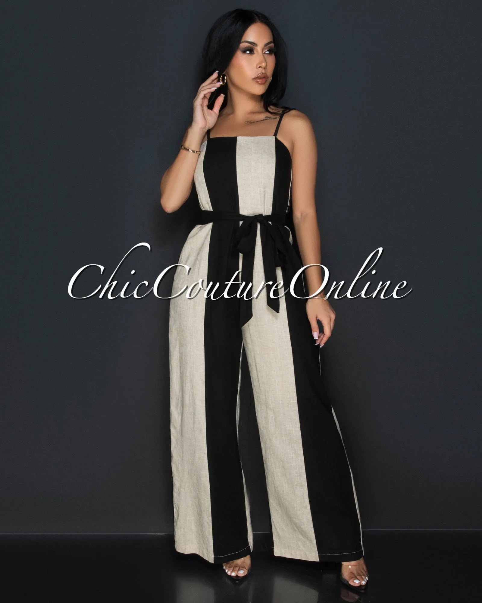 Kea Black Khaki Spaghetti Strap Widelegs Linen Jumpsuit sold by Chic Couture product image thumbnail 3