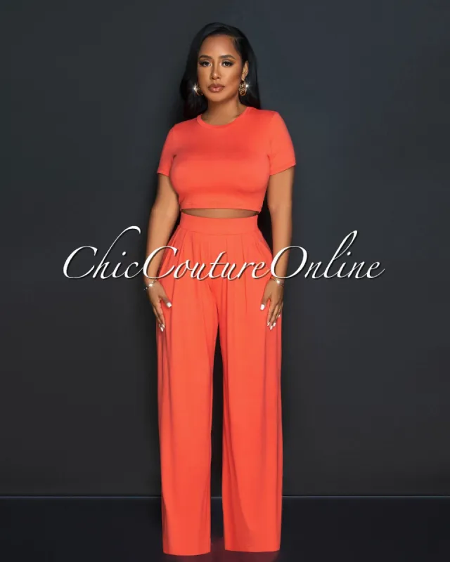 Rossy Coral Crop Top & Wide Leg Pants Set sold by Chic Couture