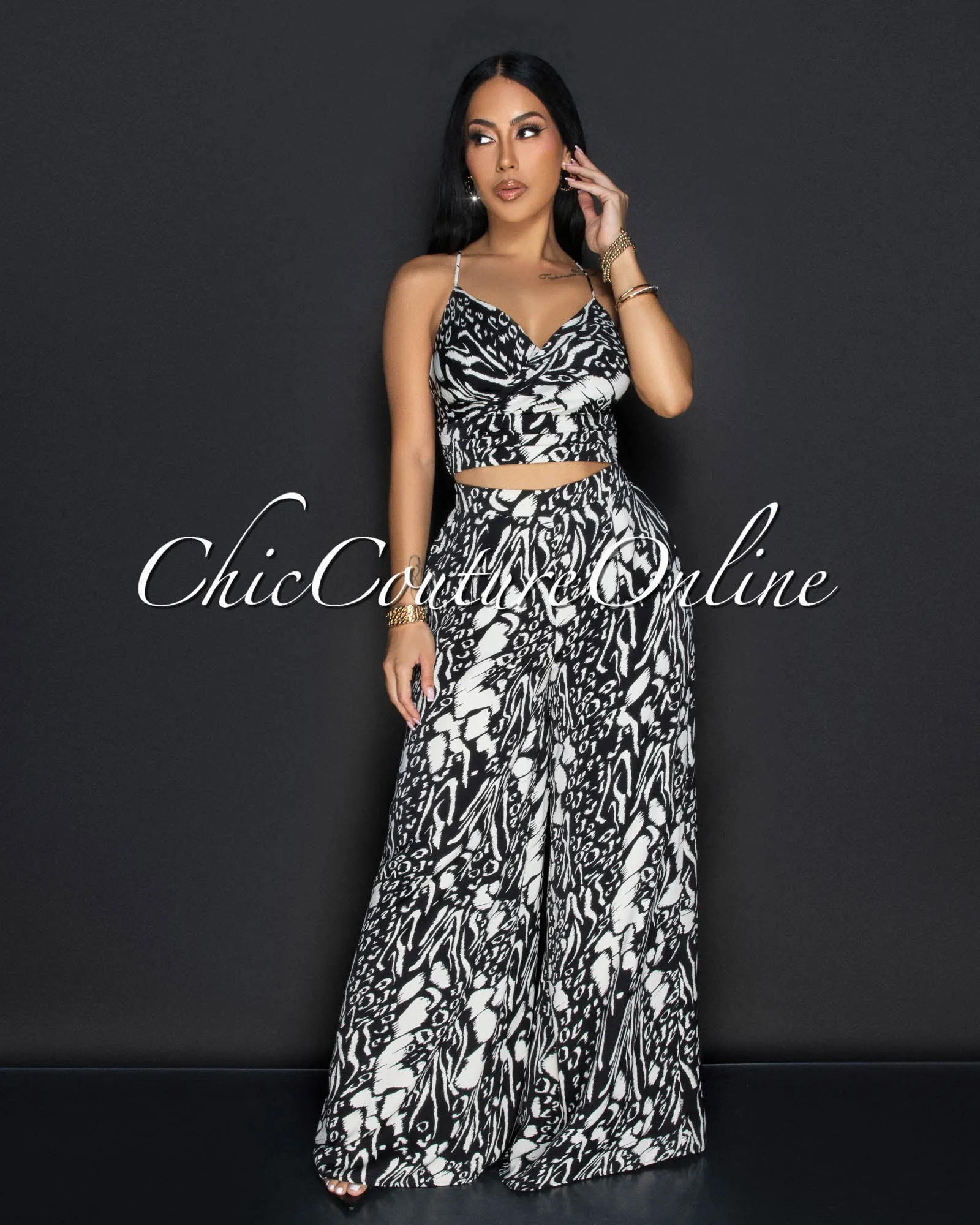 *Lua Black White Spaghetti Straps Top & Wide Pants Set sold by Chic Couture product image thumbnail 2