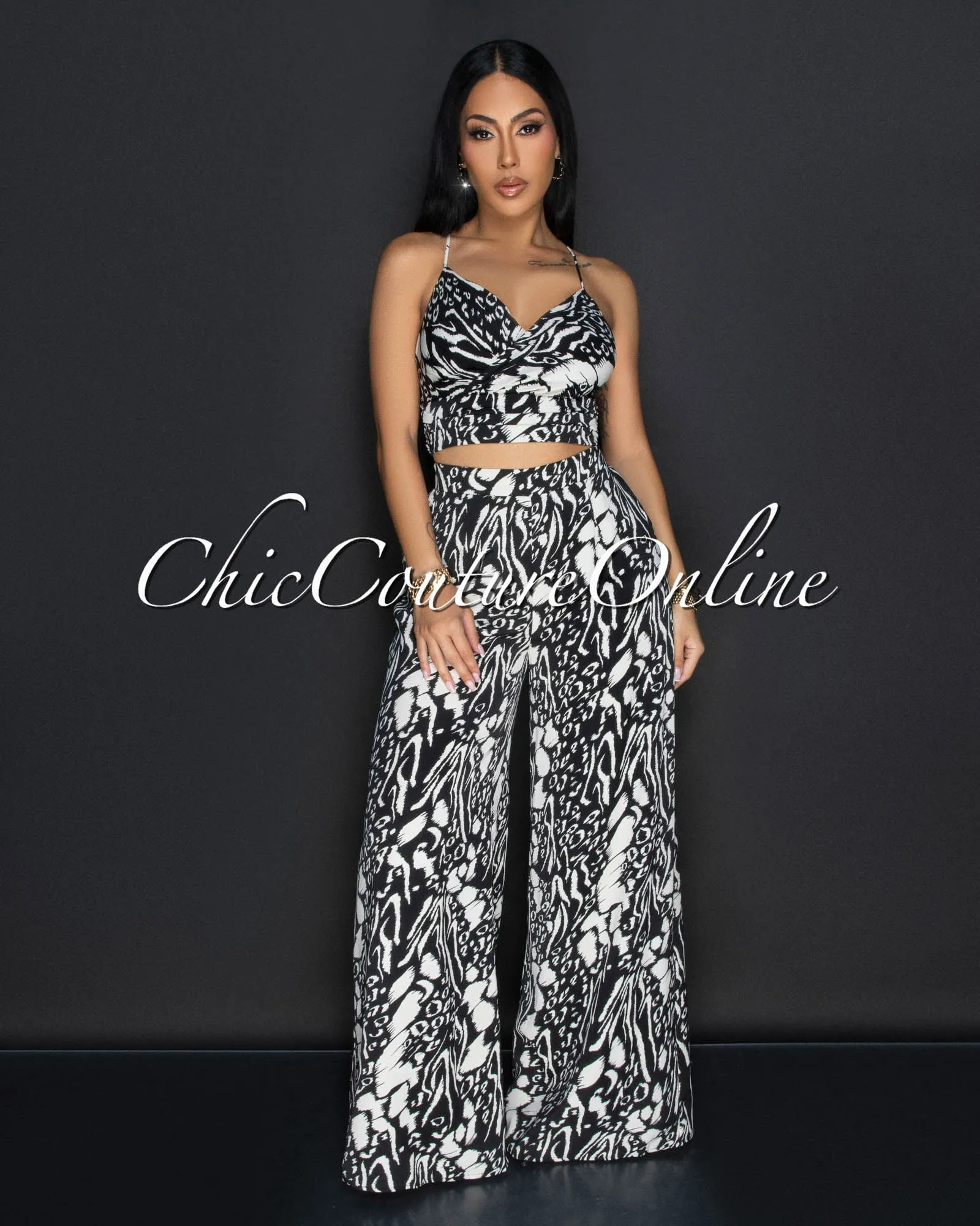 *Lua Black White Spaghetti Straps Top & Wide Pants Set sold by Chic Couture