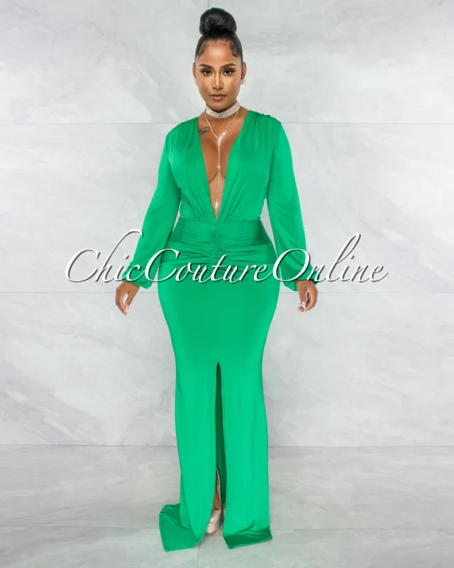 *Solada Green V-Neck Long Sleeves Front Draped Maxi Dress sold by Chic Couture