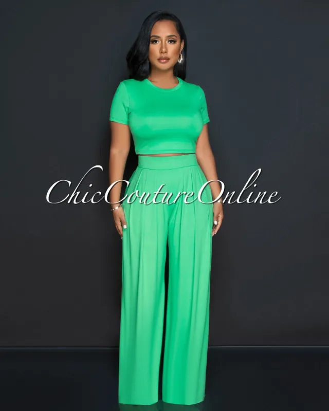 Rossy Green Crop Top & Wide Leg Pants Set sold by Chic Couture