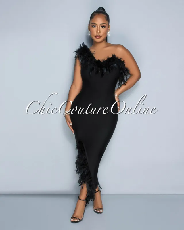 Maverick Black Feather Accent Bandage Midi Dress sold by Chic Couture
