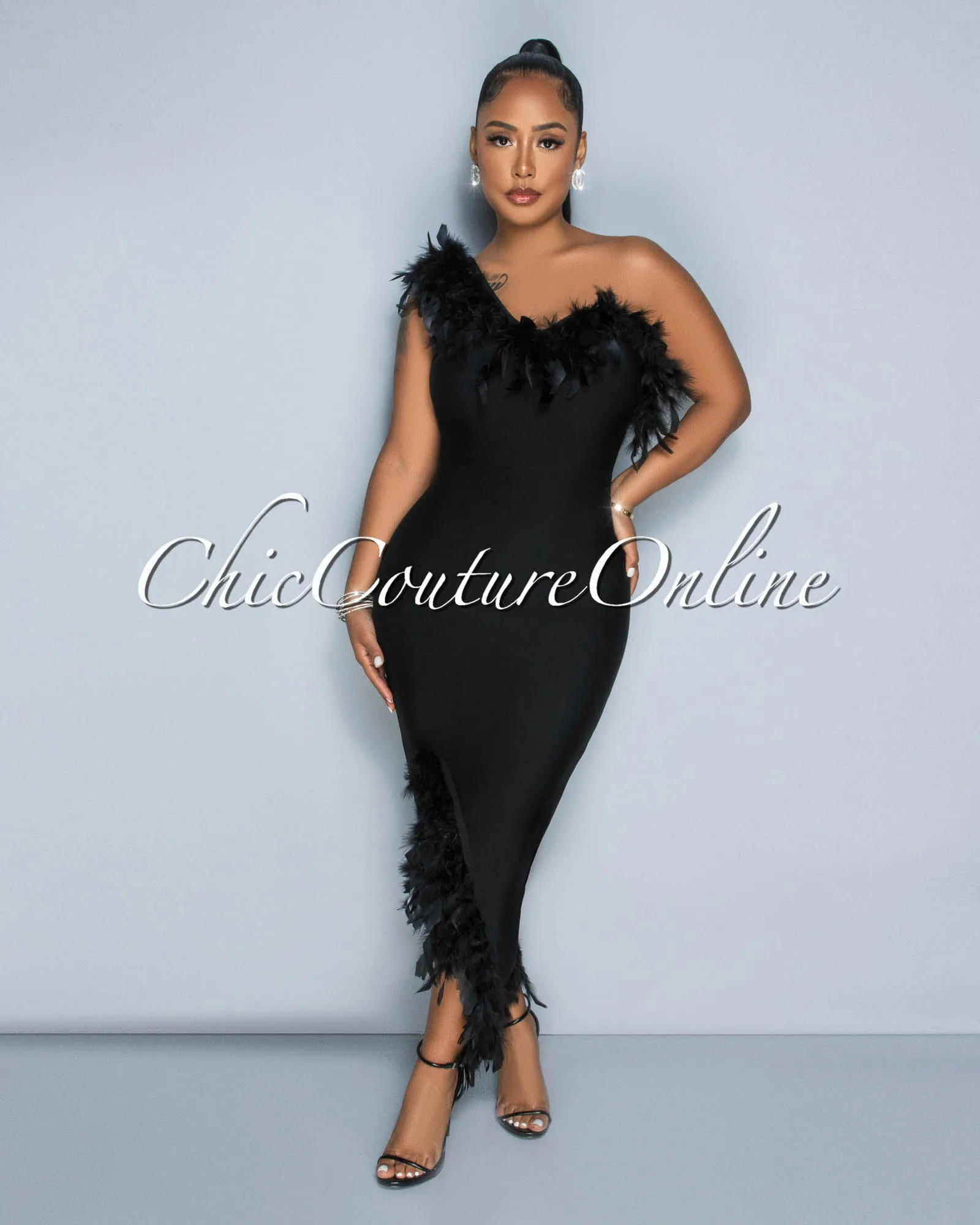 Maverick Black Feather Accent Bandage Midi Dress sold by Chic Couture
