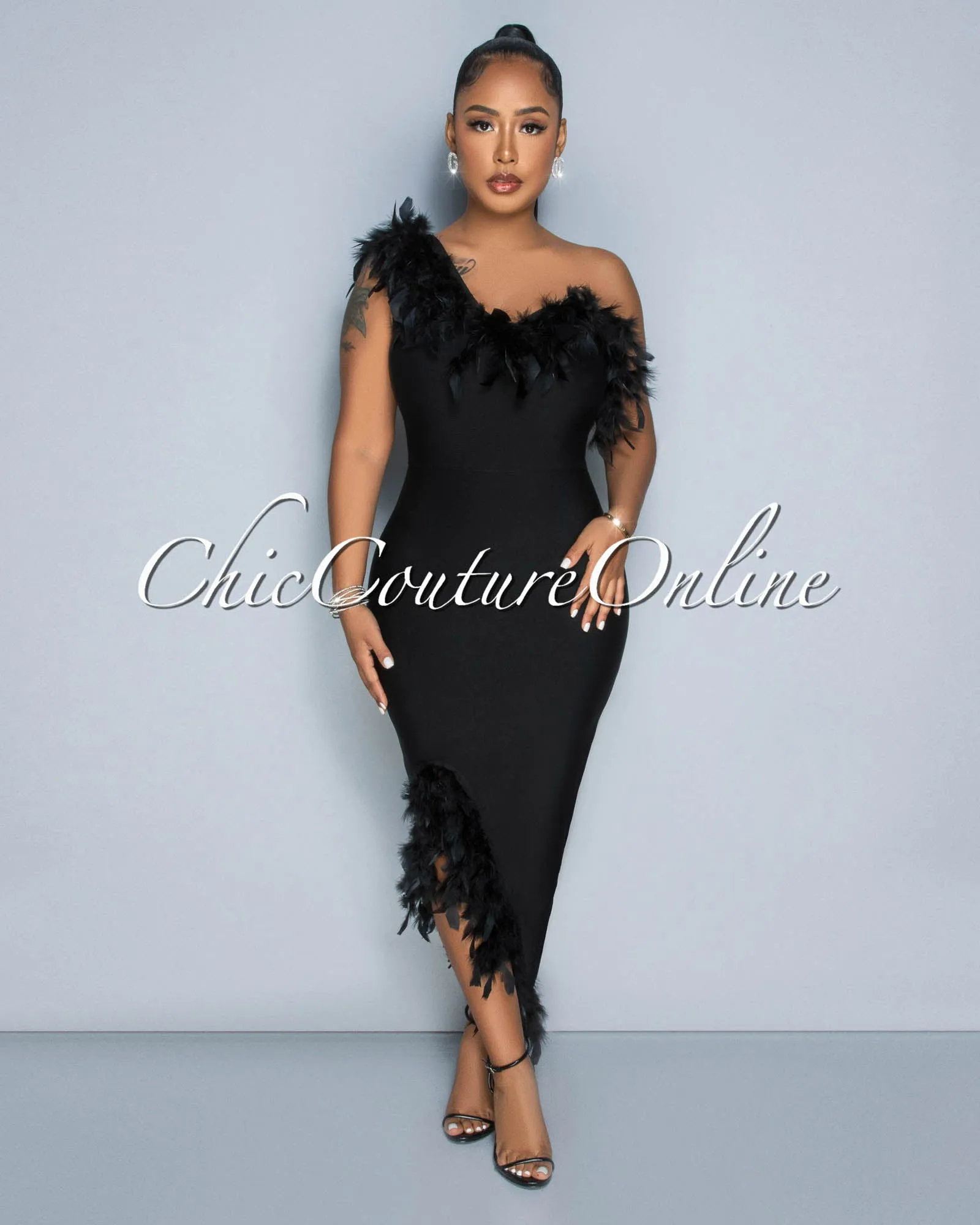 Maverick Black Feather Accent Bandage Midi Dress sold by Chic Couture product image thumbnail 2